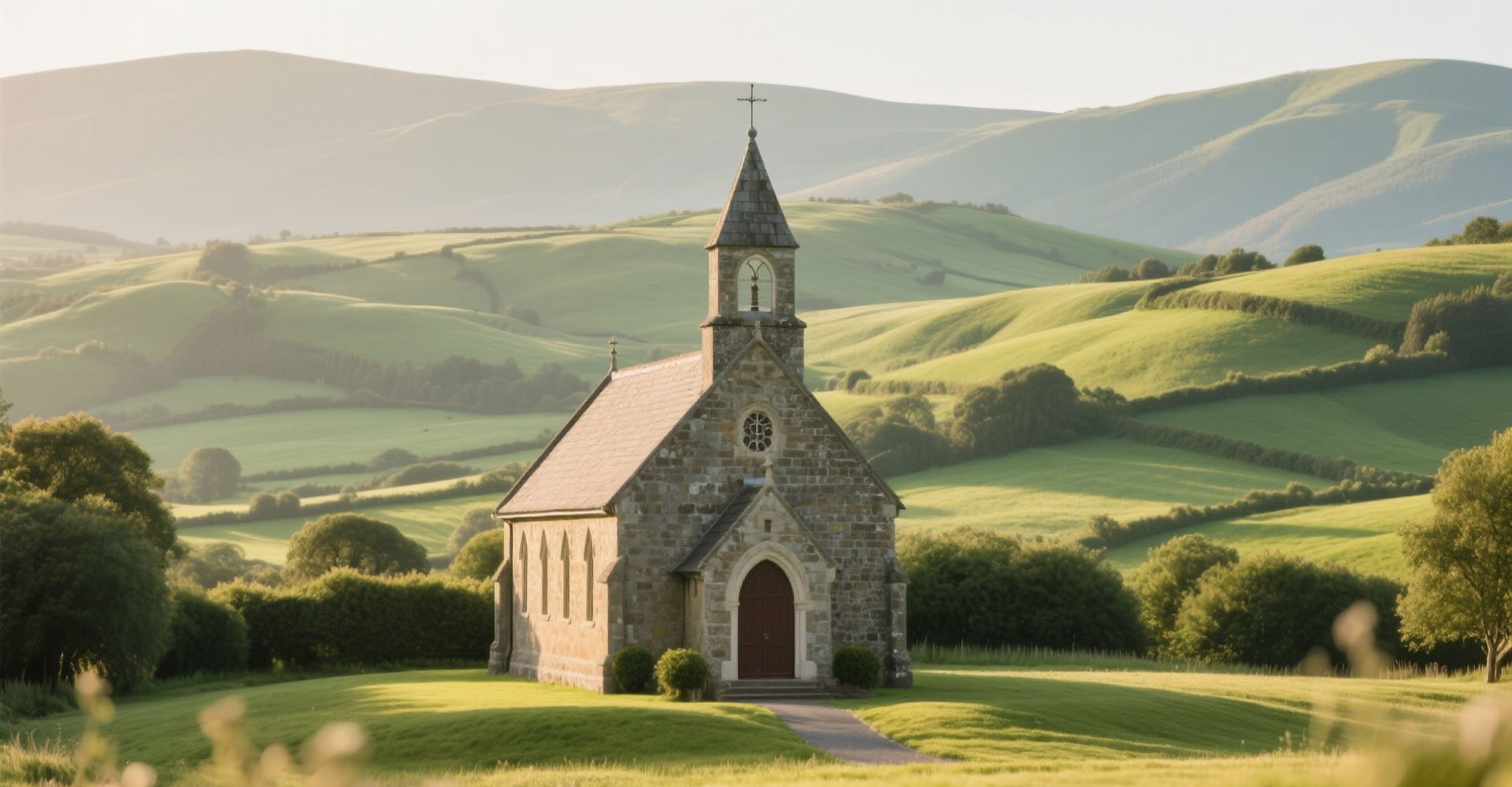Traditional church building with well-maintained grounds